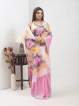 Blush-Pink Hand-Painted Linen-Cotton Saree