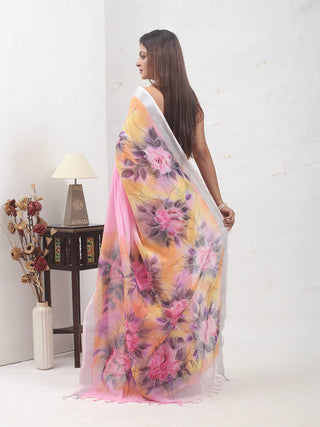 Blush-Pink Hand-Painted Linen-Cotton Saree