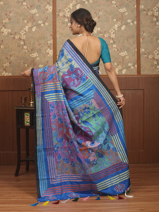 Black Pure Bangalore Silk Saree with Multicolour Reverse Kantha Embroidery