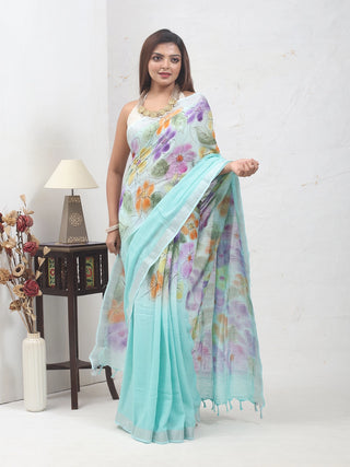 Aqua Blue Hand-Painted Linen-Cotton Saree