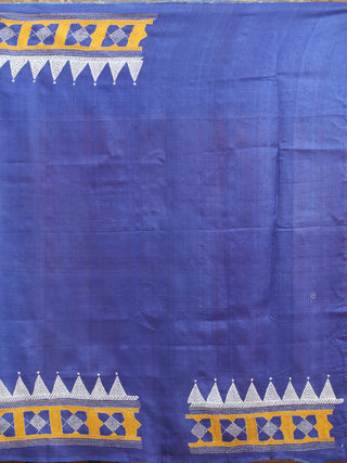 Mustard & Royal Blue Pure Tussar Silk Saree with Hand Kantha Embroidery