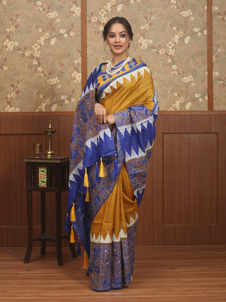 Mustard & Royal Blue Pure Tussar Silk Saree with Hand Kantha Embroidery