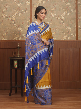 Mustard & Royal Blue Pure Tussar Silk Saree with Hand Kantha Embroidery