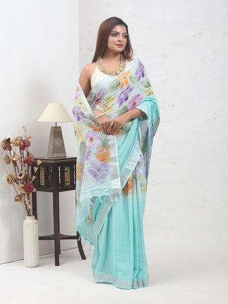 Aqua Blue Hand-Painted Linen-Cotton Saree