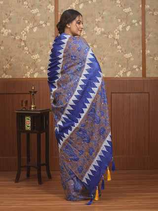 Mustard & Royal Blue Pure Tussar Silk Saree with Hand Kantha Embroidery