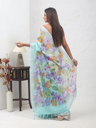 Aqua Blue Hand-Painted Linen-Cotton Saree