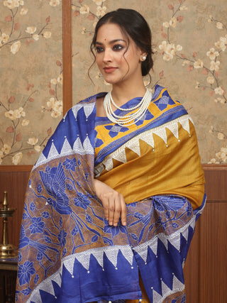 Mustard & Royal Blue Pure Tussar Silk Saree with Hand Kantha Embroidery