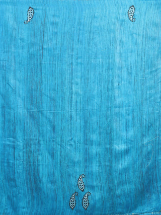 Turquoise Blue and Black Bhagalpuri Ghicha Tussar Silk Saree with Screen Print & Kantha Work