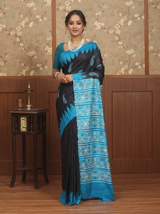 Turquoise Blue and Black Bhagalpuri Ghicha Tussar Silk Saree with Screen Print & Kantha Work