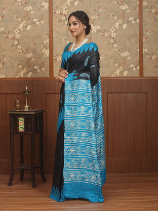 Turquoise Blue and Black Bhagalpuri Ghicha Tussar Silk Saree with Screen Print & Kantha Work