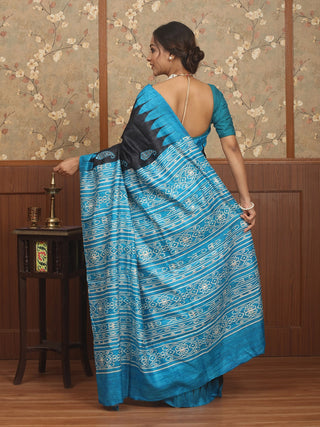 Turquoise Blue and Black Bhagalpuri Ghicha Tussar Silk Saree with Screen Print & Kantha Work