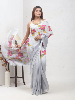 Silver-Grey Hand-Painted Linen-Cotton Saree