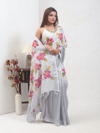 Silver-Grey Hand-Painted Linen-Cotton Saree