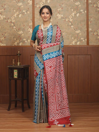 Rust Red, Teal Blue & Natural Ghicha Pure Bishnupur Katan Silk Saree with Hand Gujarati Embroidery