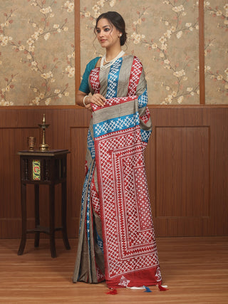 Rust Red, Teal Blue & Natural Ghicha Pure Bishnupur Katan Silk Saree with Hand Gujarati Embroidery