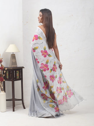 Silver-Grey Hand-Painted Linen-Cotton Saree