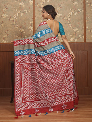 Rust Red, Teal Blue & Natural Ghicha Pure Bishnupur Katan Silk Saree with Hand Gujarati Embroidery