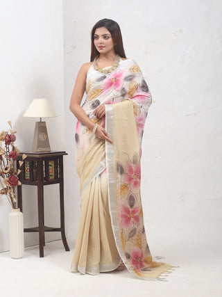 Beige and Off-White Hand-Painted Linen-Cotton Saree