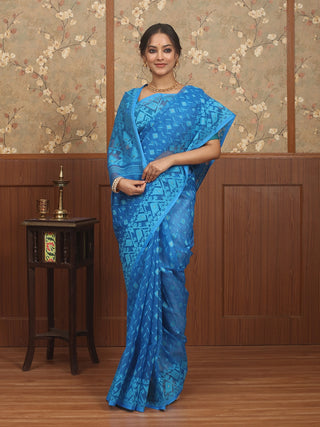 Azure Blue Pure Cotton Bangladeshi Dhakai Jamdani Saree