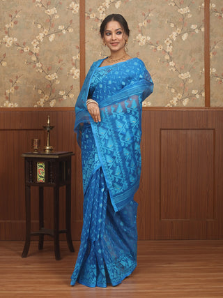 Azure Blue Pure Cotton Bangladeshi Dhakai Jamdani Saree
