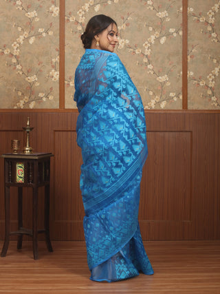Azure Blue Pure Cotton Bangladeshi Dhakai Jamdani Saree