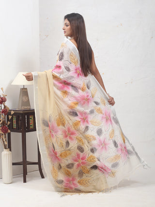 Beige and Off-White Hand-Painted Linen-Cotton Saree