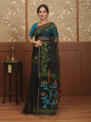 Black Bengal Handloom Muslin Saree with Multicoloured Floral Jamdani Weaves