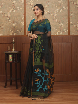Black Bengal Handloom Muslin Saree with Multicoloured Floral Jamdani Weaves