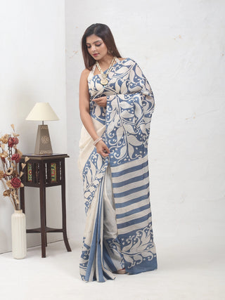 Ivory & Powder Blue  Murshidabad Silk Saree with Batik Print