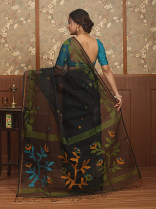Black Bengal Handloom Muslin Saree with Multicoloured Floral Jamdani Weaves
