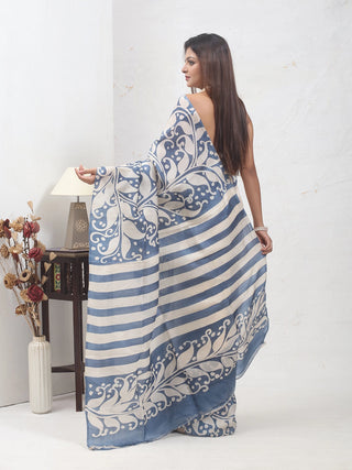 Ivory & Powder Blue  Murshidabad Silk Saree with Batik Print