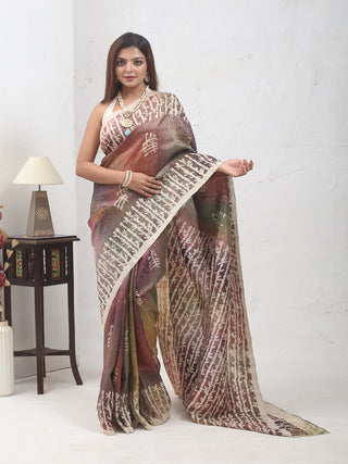 Rust, Olive, and Earthy Multitoned Pure Murshidabad Silk Hand Batik Saree with Chinese Bamboo Tree Pattern