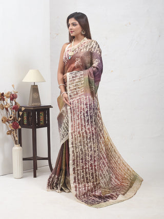 Rust, Olive, and Earthy Multitoned Pure Murshidabad Silk Hand Batik Saree with Chinese Bamboo Tree Pattern