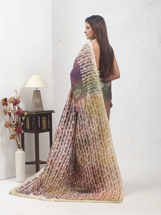 Rust, Olive, and Earthy Multitoned Pure Murshidabad Silk Hand Batik Saree with Chinese Bamboo Tree Pattern