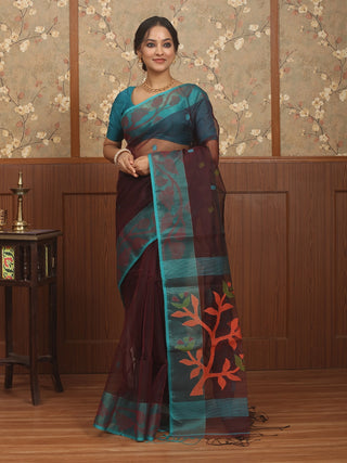 Wine Red Bengal Handloom Muslin Saree with Teal Blue Borders and Floral Jamdani Weaves