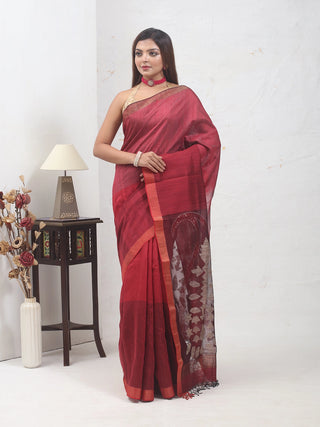 Pure Bengal Matka Silk Saree with Three-Tone Deep Red Body and Jamdani Muslin Pallu