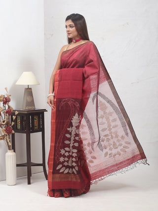 Pure Bengal Matka Silk Saree with Three-Tone Deep Red Body and Jamdani Muslin Pallu