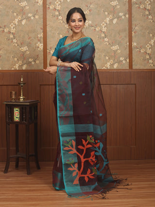 Wine Red Bengal Handloom Muslin Saree with Teal Blue Borders and Floral Jamdani Weaves