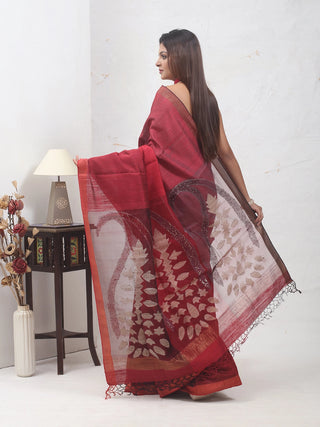 Pure Bengal Matka Silk Saree with Three-Tone Deep Red Body and Jamdani Muslin Pallu