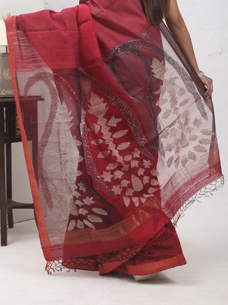 Pure Bengal Matka Silk Saree with Three-Tone Deep Red Body and Jamdani Muslin Pallu
