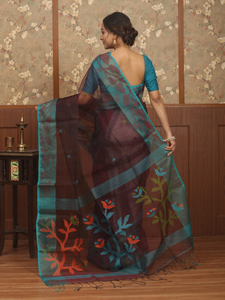 Wine Red Bengal Handloom Muslin Saree with Teal Blue Borders and Floral Jamdani Weaves