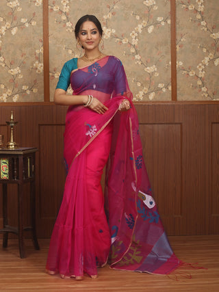 Fuchsia Pink Bengal Handloom Muslin Saree with Multicoloured Floral Jamdani Weaves