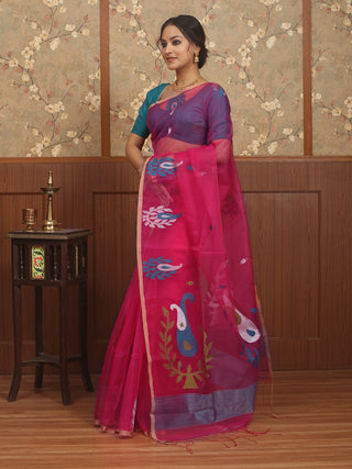 Fuchsia Pink Bengal Handloom Muslin Saree with Multicoloured Floral Jamdani Weaves