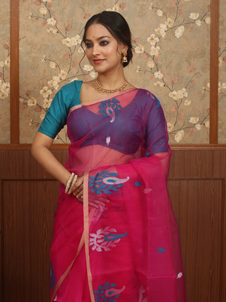 Fuchsia Pink Bengal Handloom Muslin Saree with Multicoloured Floral Jamdani Weaves