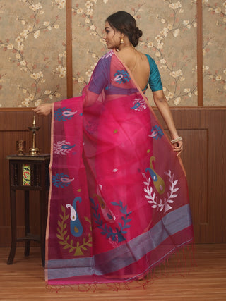 Fuchsia Pink Bengal Handloom Muslin Saree with Multicoloured Floral Jamdani Weaves