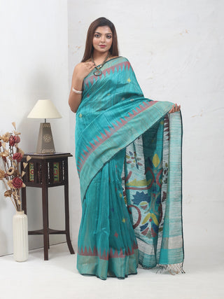Teal Blue Pure Bengal Matka Silk Saree with Jamdani Muslin Pallu