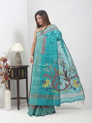 Teal Blue Pure Bengal Matka Silk Saree with Jamdani Muslin Pallu