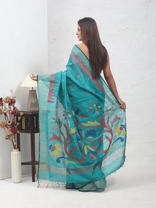 Teal Blue Pure Bengal Matka Silk Saree with Jamdani Muslin Pallu