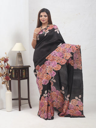 Black Bishnupur Katan Silk Saree with Hand Batik depicting a Rose Garden