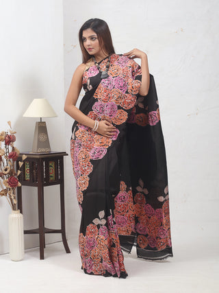 Black Bishnupur Katan Silk Saree with Hand Batik depicting a Rose Garden